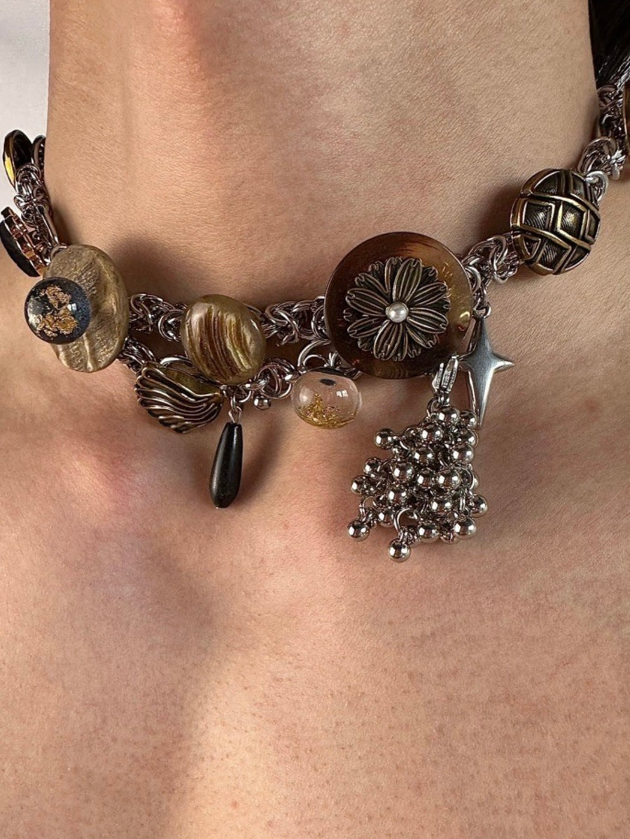 Noir Timber Rebellion: Vintage Brass Aged Titanium Necklace with Black Gold Woodgrain Accents