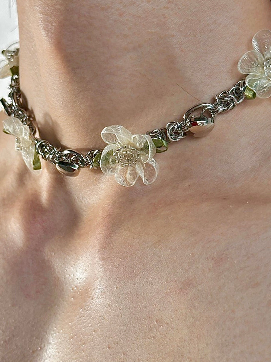 Lustrous Petal Cascade: Liquid Silver Fabric Springtime Floral Titanium Necklace