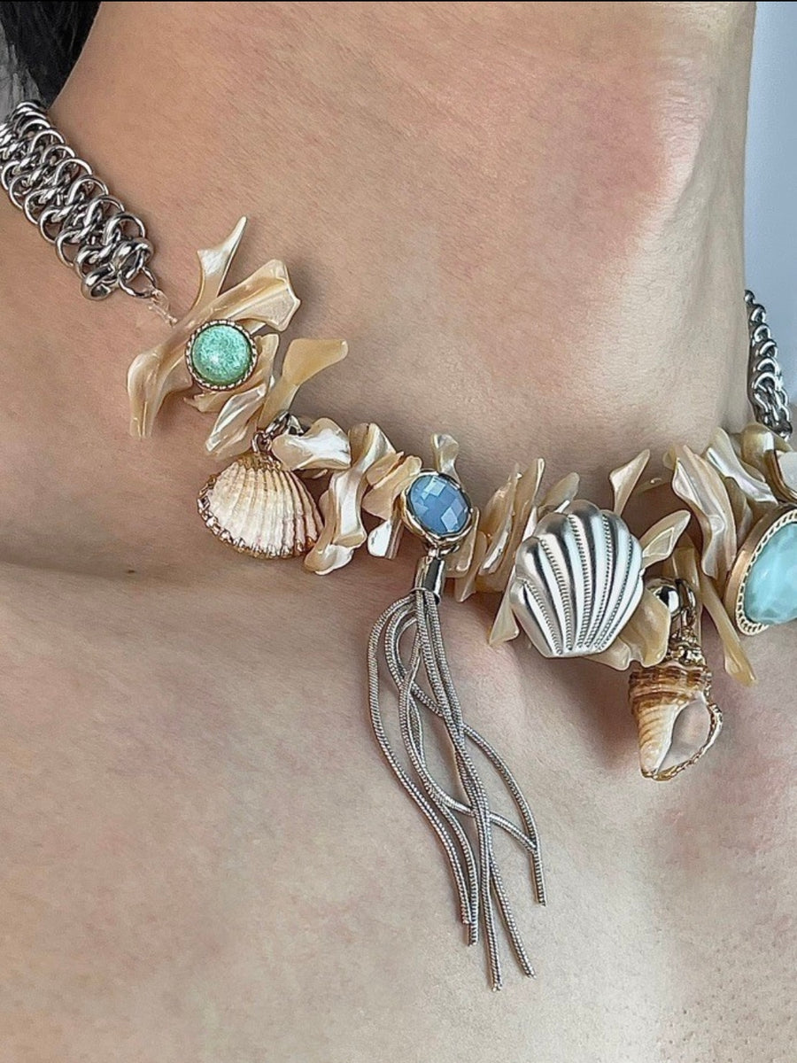 Oceanic Echo: Punk Sea Life Shell Button Titanium Necklace