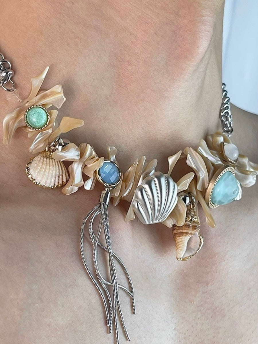 Oceanic Echo: Punk Sea Life Shell Button Titanium Necklace