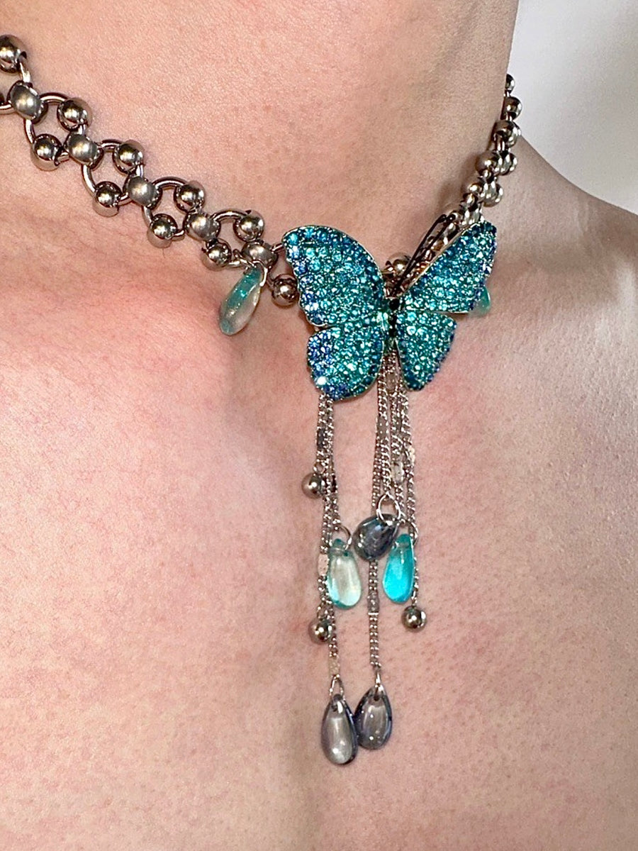 Sapphire Wings: Delicate Tassel Vintage Necklace with Blue Glitter Butterfly