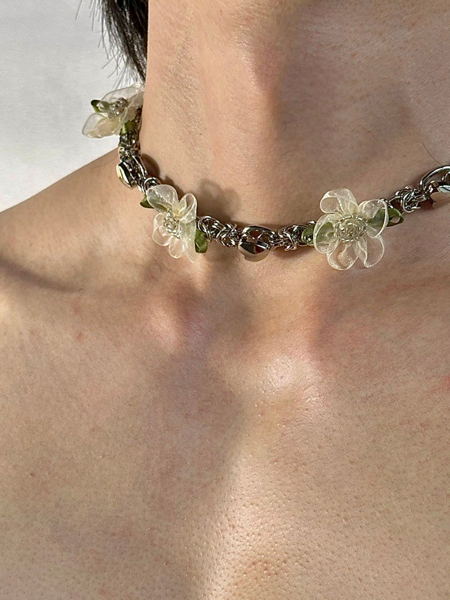 Lustrous Petal Cascade: Liquid Silver Fabric Springtime Floral Titanium Necklace