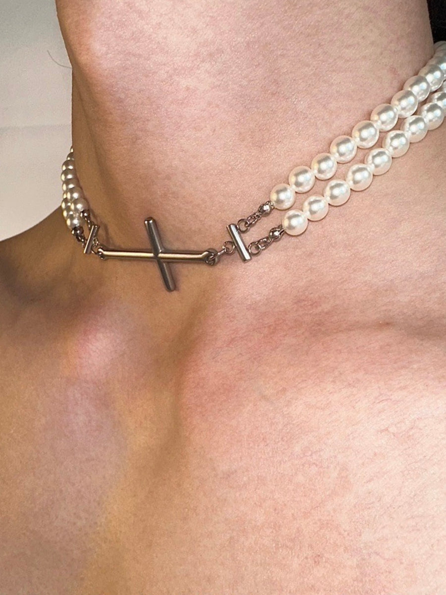 Divine Layers: Personalized Cross and Pearl Titanium Steel Necklace - The Exquisite New Trend