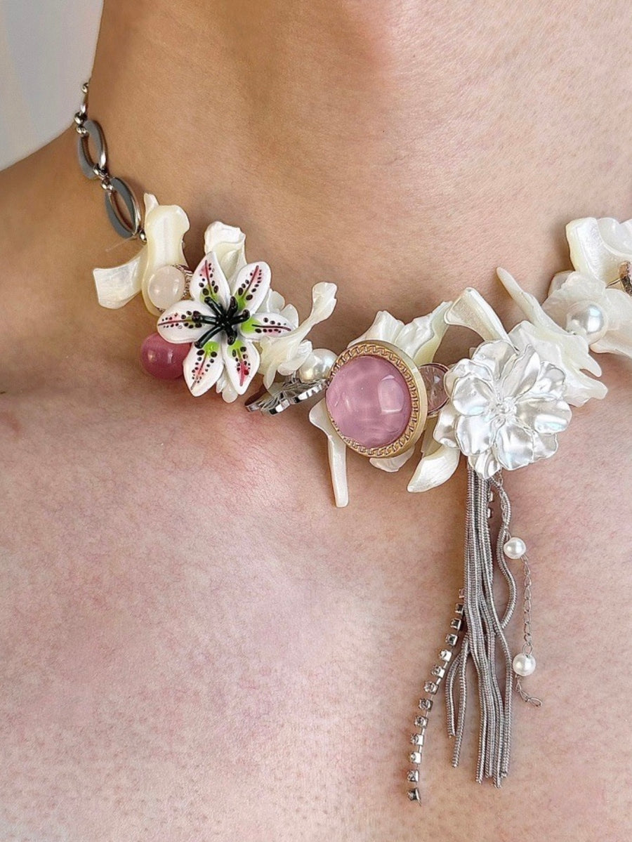 Blooms and Shells Symphony: Titanium Necklace from the Spring Colors Collection