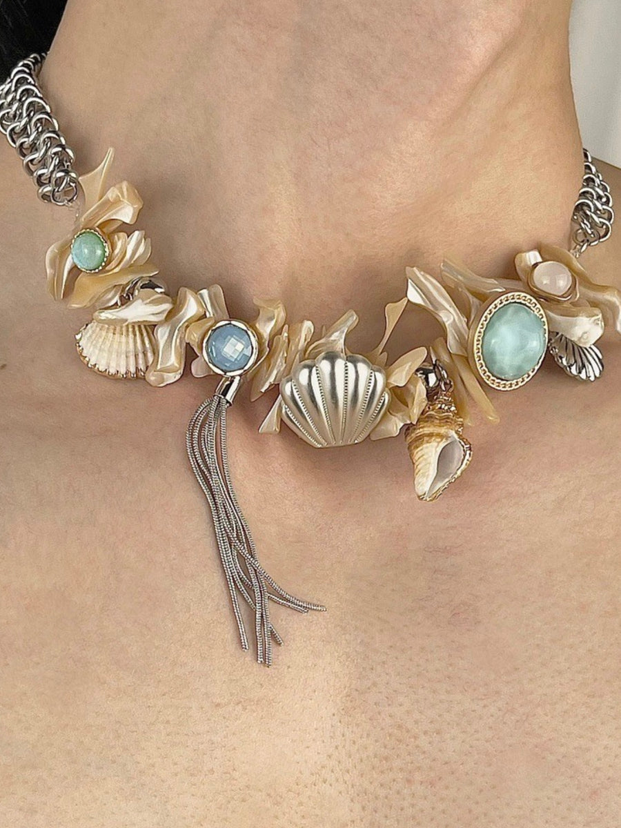 Oceanic Echo: Punk Sea Life Shell Button Titanium Necklace