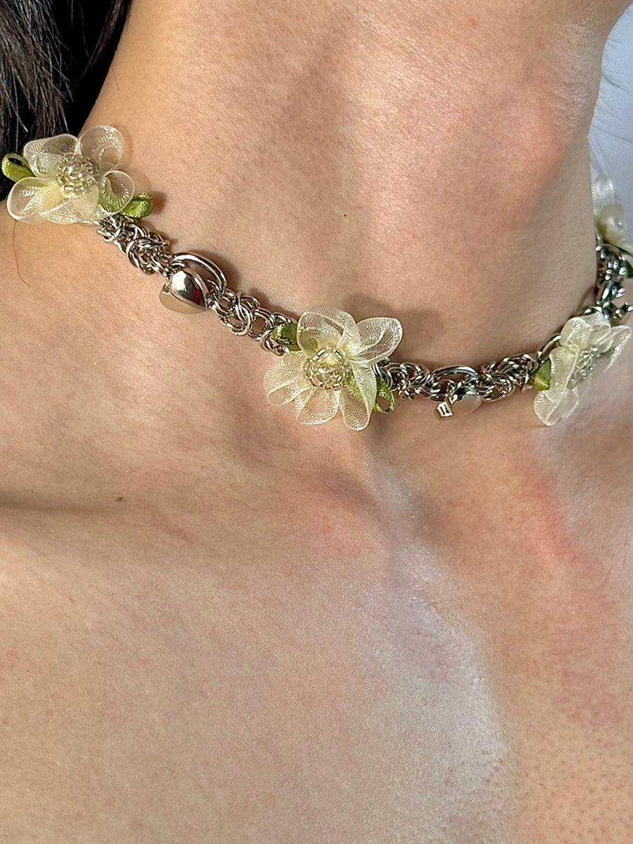 Lustrous Petal Cascade: Liquid Silver Fabric Springtime Floral Titanium Necklace