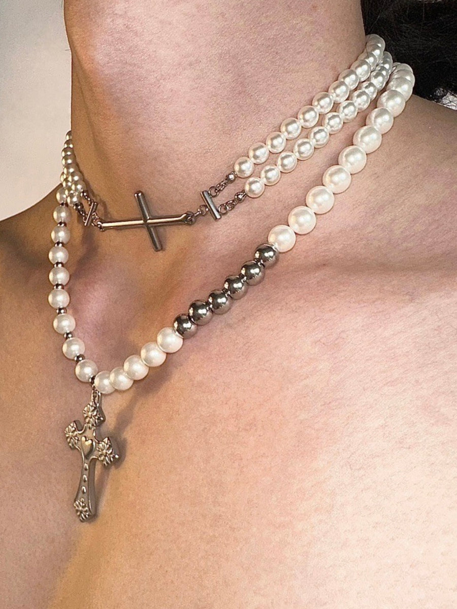 Divine Layers: Personalized Cross and Pearl Titanium Steel Necklace - The Exquisite New Trend